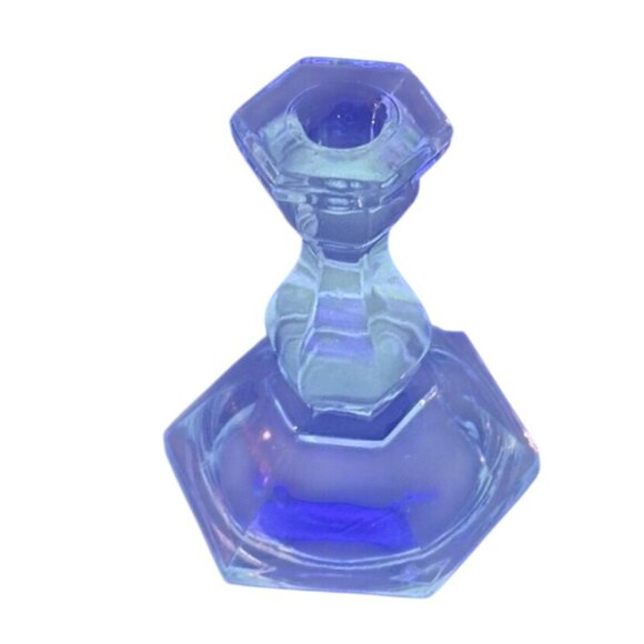 Tiara Hexagonal Clear Blue Indiana Glass Mini Candle Holder UV Glow Vtg 1980s - Picture 4 of 4